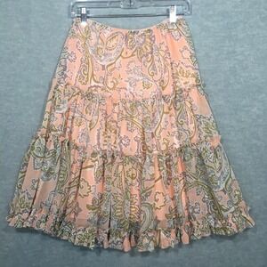 Chadwicks S Paisley‎ Boho Pull-On A-Line Ruffle Midi Skirt Peach Sheer Lined